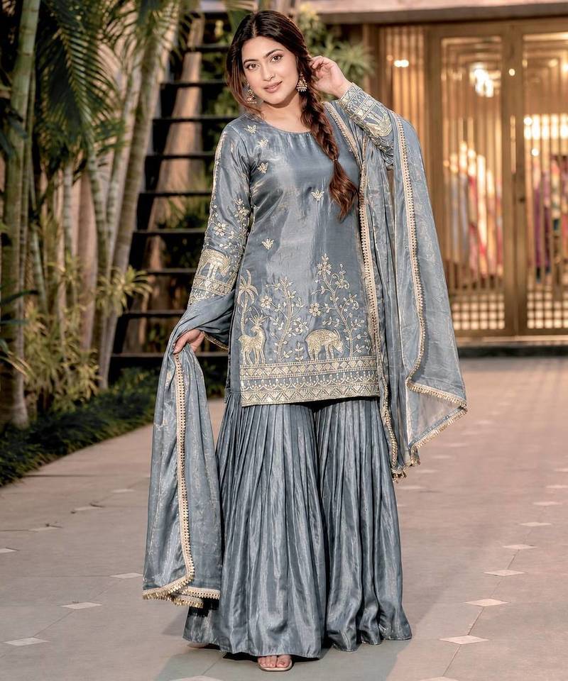 grey color heavy embroidery sequin work kurti sharara set