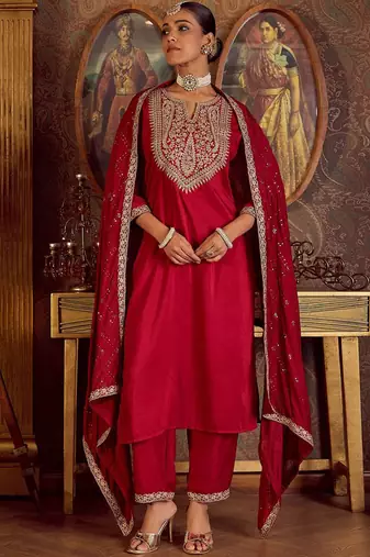 Ethnic Floral Embroidered Zari Work Detail Regular Sleeves Round Neck Kurta Set