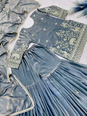 grey color heavy embroidery sequin work kurti sharara set 2