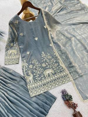 grey color heavy embroidery sequin work kurti sharara set 3