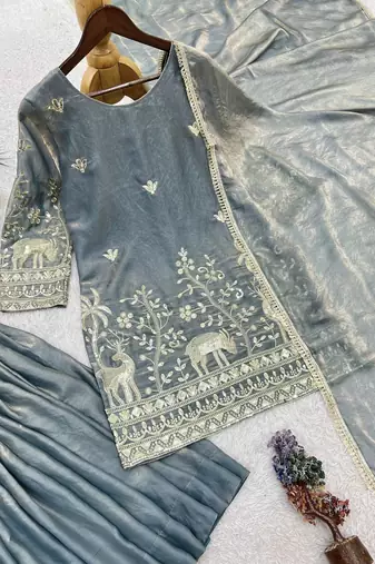 grey color heavy embroidery sequin work kurti sharara set