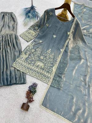 grey color heavy embroidery sequin work kurti sharara set 4