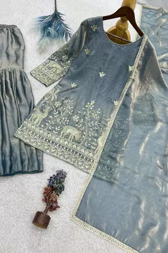 grey color heavy embroidery sequin work kurti sharara set