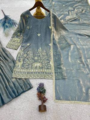 grey color heavy embroidery sequin work kurti sharara set 5