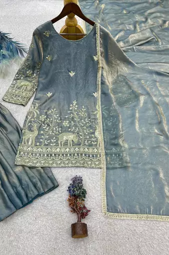 grey color heavy embroidery sequin work kurti sharara set