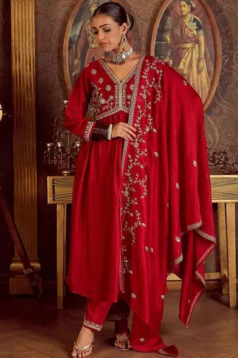 Floral Embroidered Empire Kurta with Trousers & Dupatta