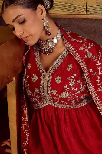 Floral Embroidered Empire Kurta with Trousers & Dupatta