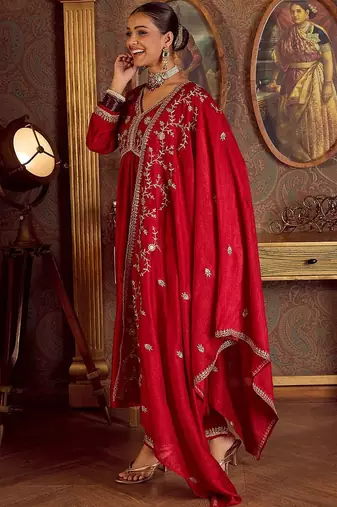 Floral Embroidered Empire Kurta with Trousers & Dupatta