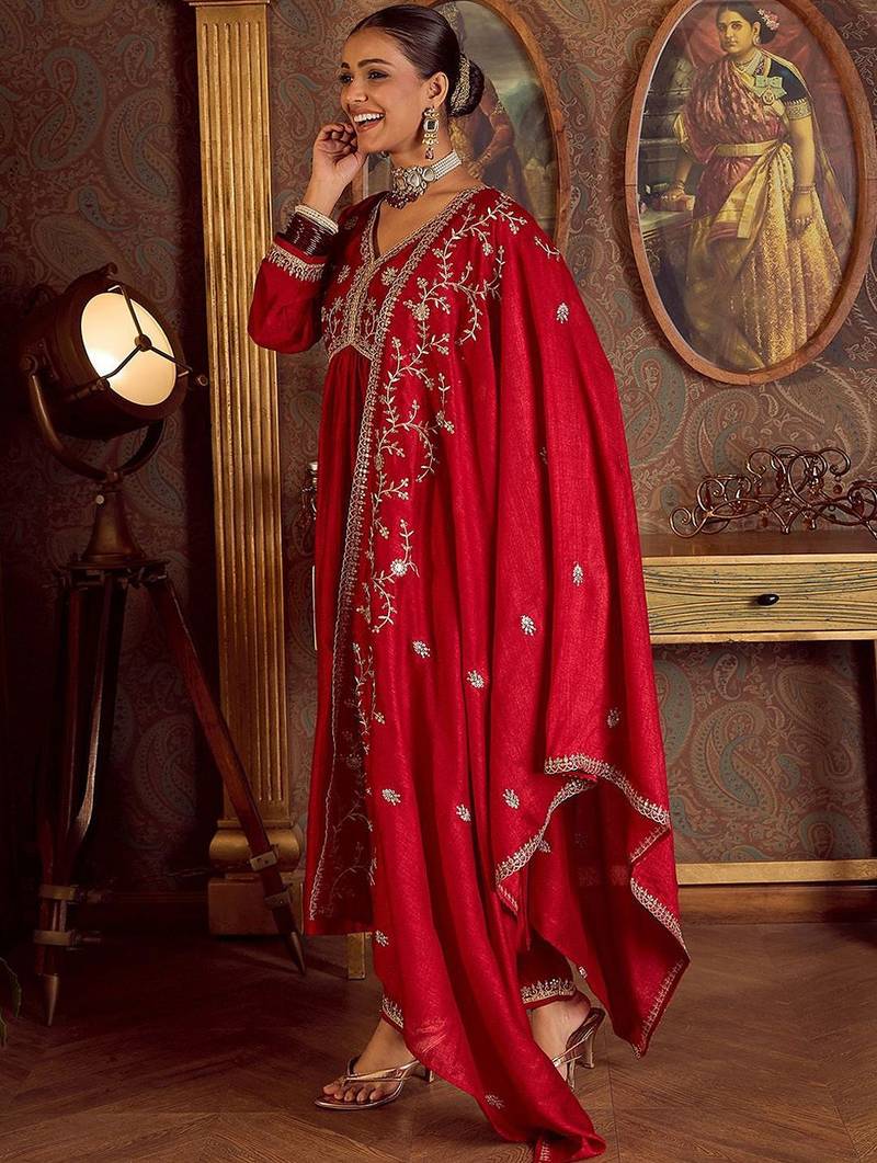 Floral Embroidered Empire Kurta with Trousers & Dupatta