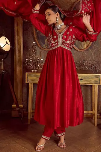 Floral Embroidered Empire Kurta with Trousers & Dupatta