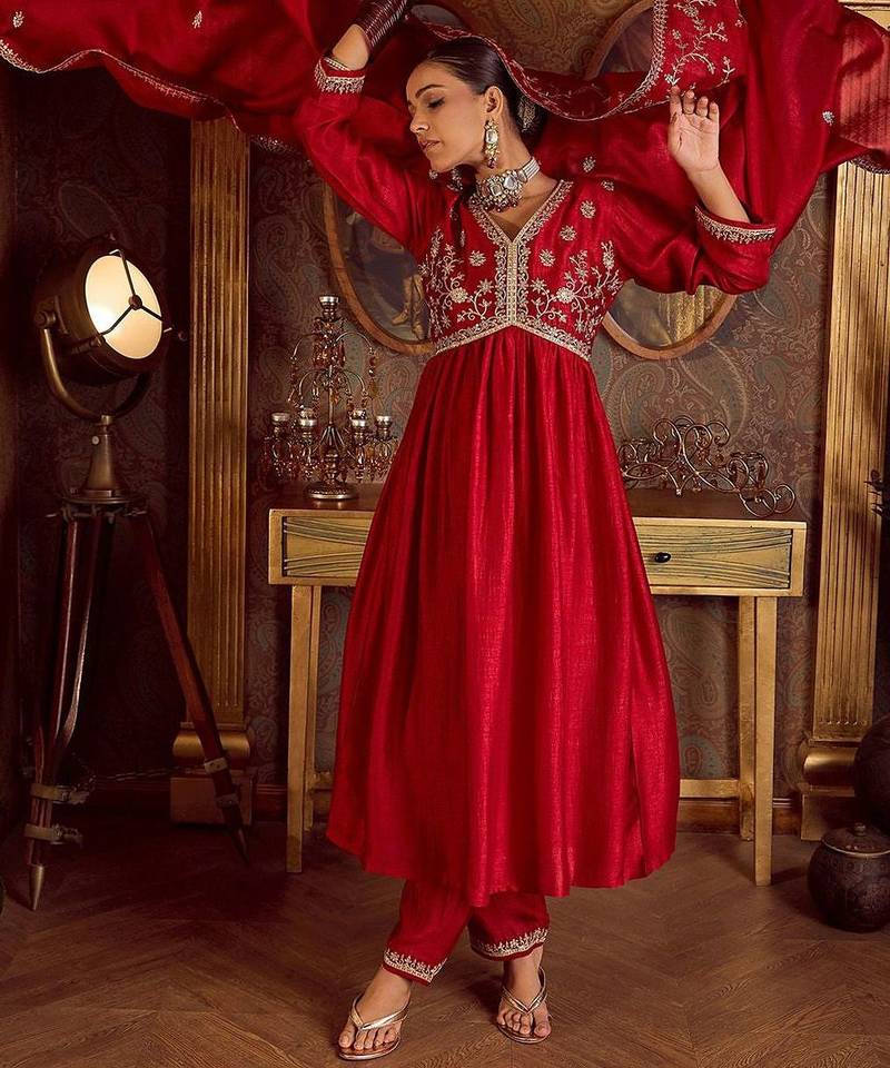 Floral Embroidered Empire Kurta with Trousers & Dupatta
