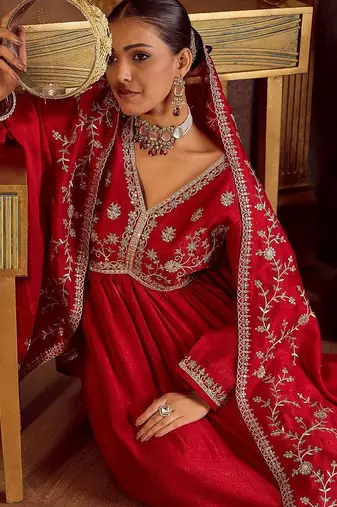 Floral Embroidered Empire Kurta with Trousers & Dupatta