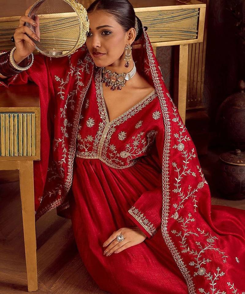 Floral Embroidered Empire Kurta with Trousers & Dupatta