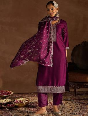 Ethnic Motifs Embroidered Sequinned Straight Kurta With Trousers & Dupatta 1