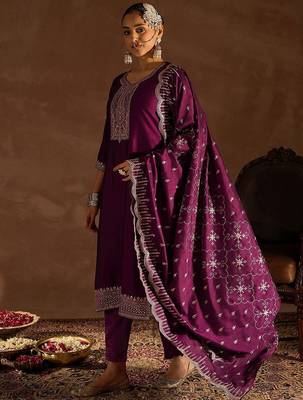Ethnic Motifs Embroidered Sequinned Straight Kurta With Trousers & Dupatta 5