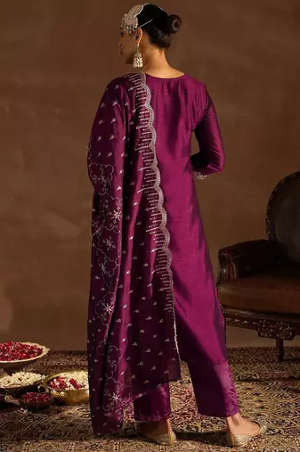 Ethnic Motifs Embroidered Sequinned Straight Kurta With Trousers & Dupatta