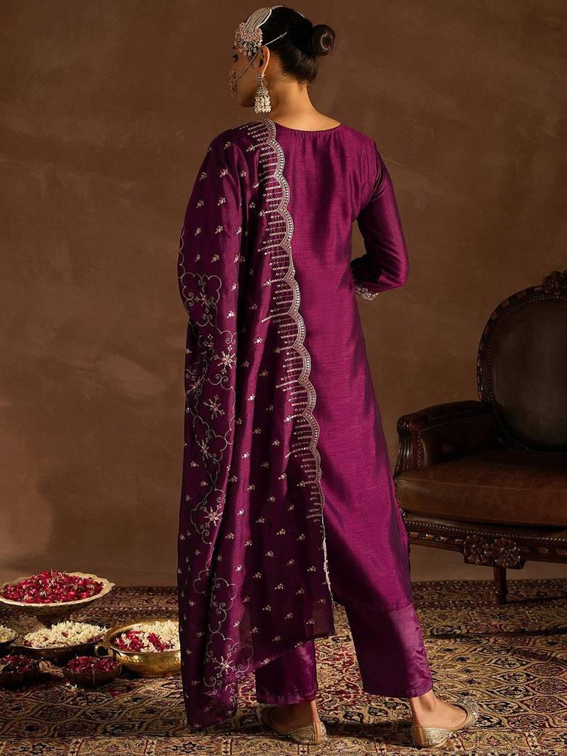 Ethnic Motifs Embroidered Sequinned Straight Kurta With Trousers & Dupatta