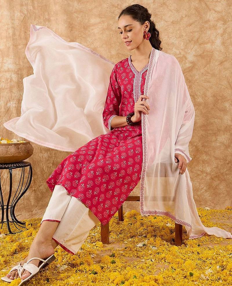 Ethnic Motifs Printed Straight Kurta with Palazzos & Dupatta