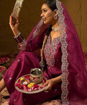 Floral Embroidered Straight Sequinned Liva Kurta with Trousers & Dupatta 1