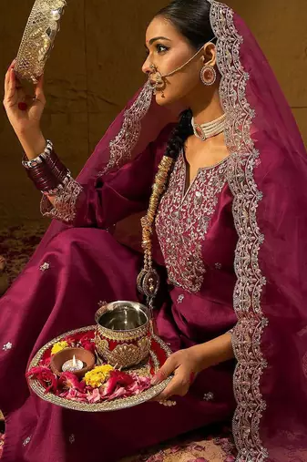 Floral Embroidered Straight Sequinned Liva Kurta with Trousers & Dupatta