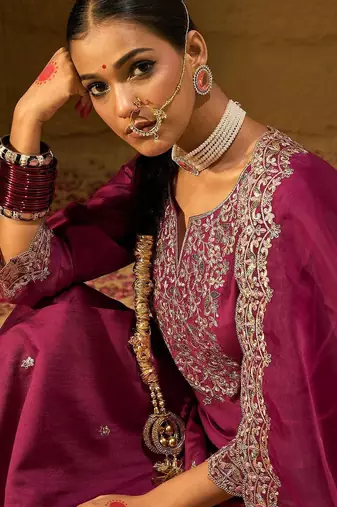 Floral Embroidered Straight Sequinned Liva Kurta with Trousers & Dupatta