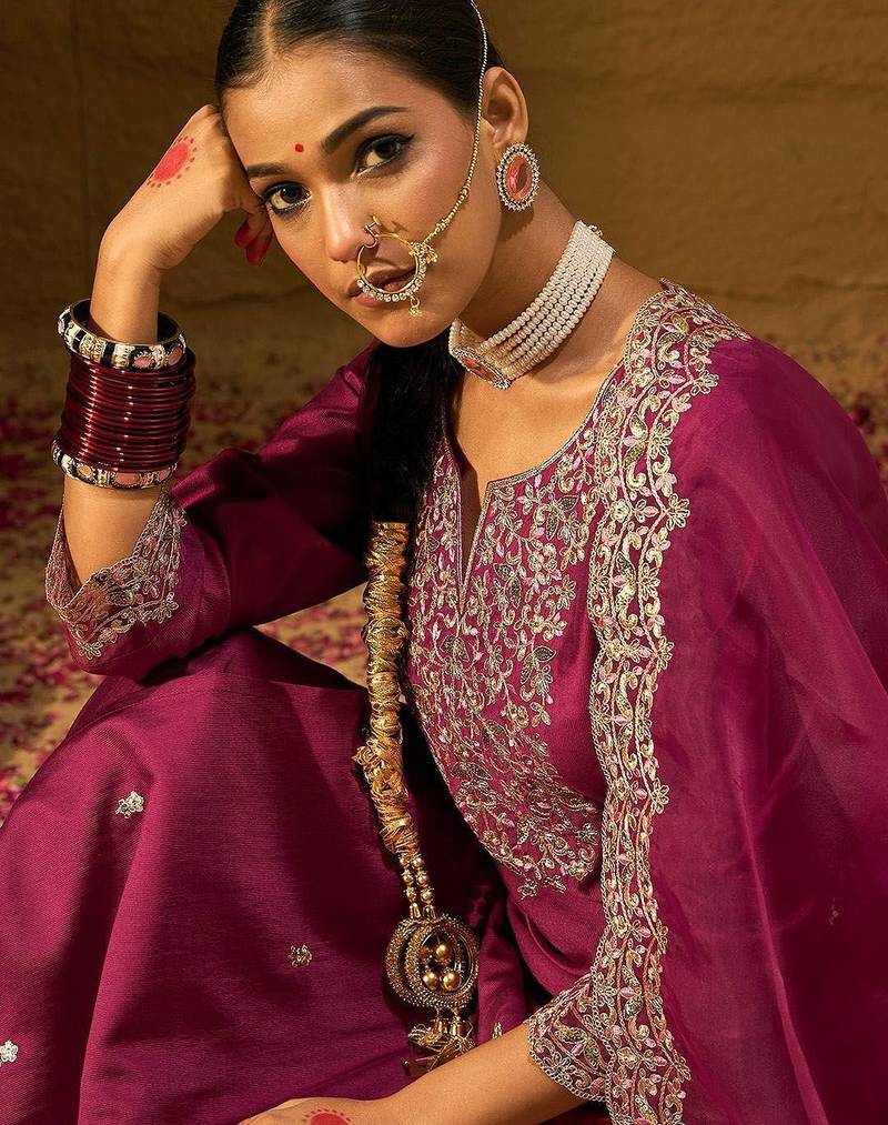 Floral Embroidered Straight Sequinned Liva Kurta with Trousers & Dupatta