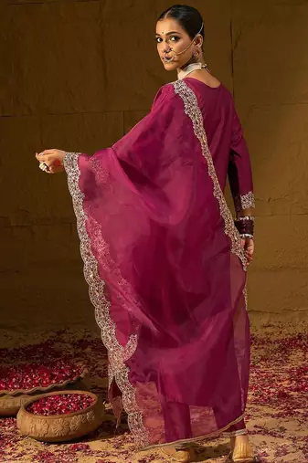Floral Embroidered Straight Sequinned Liva Kurta with Trousers & Dupatta
