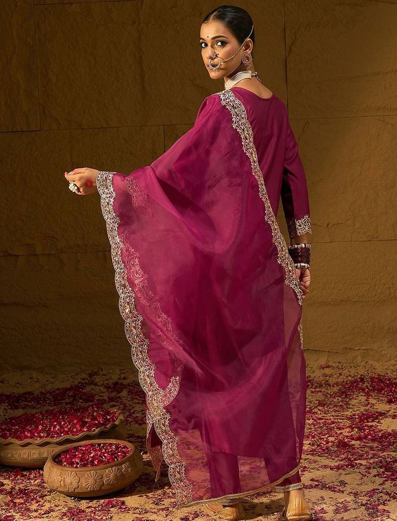 Floral Embroidered Straight Sequinned Liva Kurta with Trousers & Dupatta
