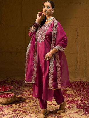 Floral Embroidered Straight Sequinned Liva Kurta with Trousers & Dupatta 5