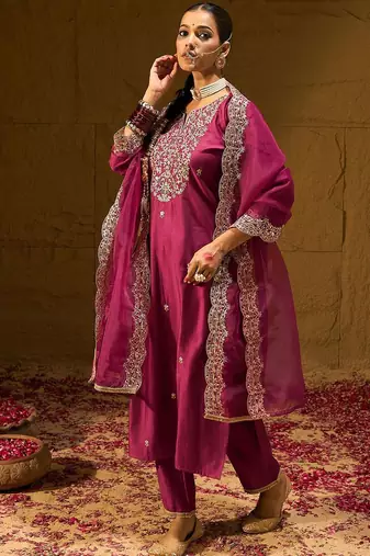 Floral Embroidered Straight Sequinned Liva Kurta with Trousers & Dupatta