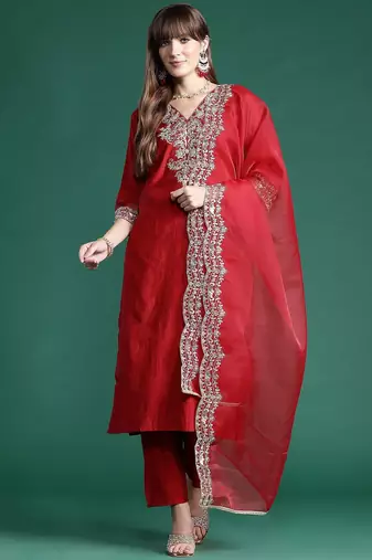 Ethnic Motifs Embroidered Regular Liva Kurta With Trousers & Dupatta