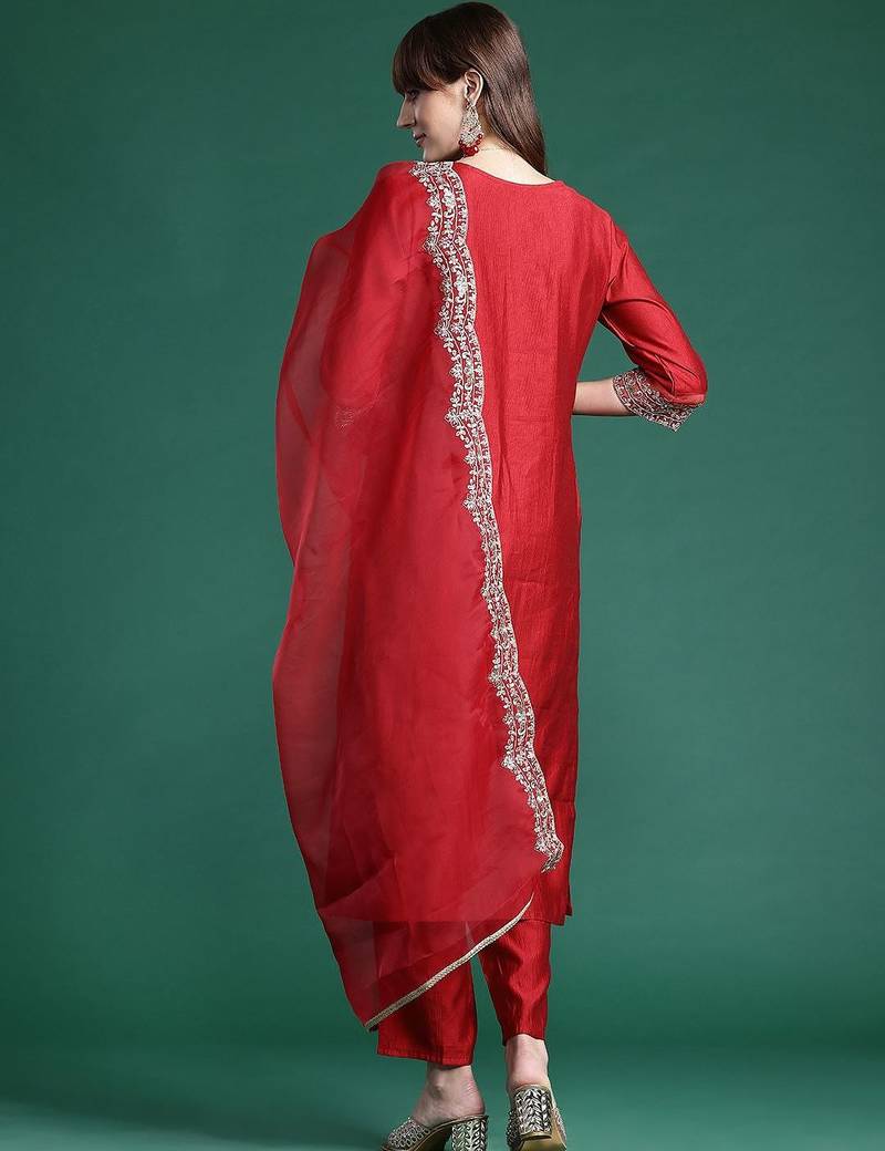 Ethnic Motifs Embroidered Regular Liva Kurta With Trousers & Dupatta