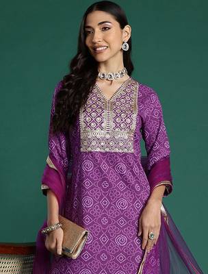 Bandhani Printed Sequinned Pure Cotton Kurta With Trousers & Dupatta 1