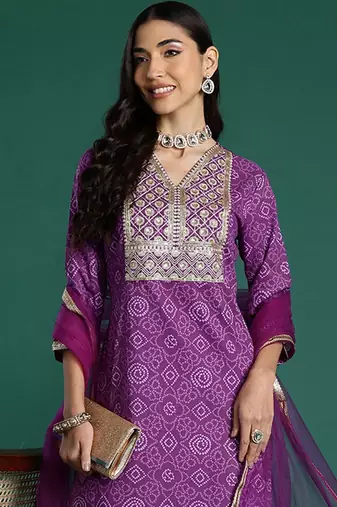 Bandhani Printed Sequinned Pure Cotton Kurta With Trousers & Dupatta