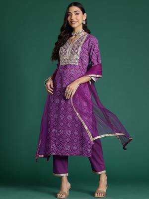 Bandhani Printed Sequinned Pure Cotton Kurta With Trousers & Dupatta 2