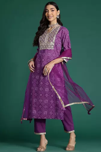 Bandhani Printed Sequinned Pure Cotton Kurta With Trousers & Dupatta