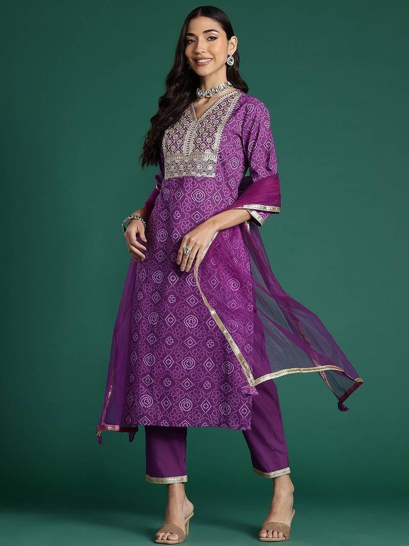 Bandhani Printed Sequinned Pure Cotton Kurta With Trousers & Dupatta