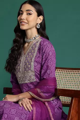 Bandhani Printed Sequinned Pure Cotton Kurta With Trousers & Dupatta