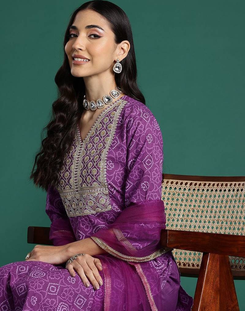 Bandhani Printed Sequinned Pure Cotton Kurta With Trousers & Dupatta