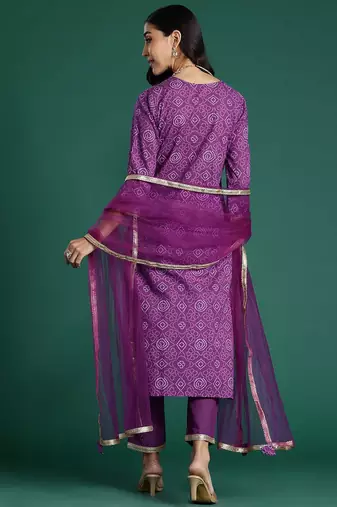 Bandhani Printed Sequinned Pure Cotton Kurta With Trousers & Dupatta