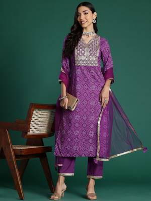 Bandhani Printed Sequinned Pure Cotton Kurta With Trousers & Dupatta 7