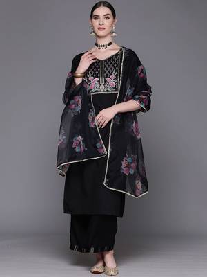 Floral Embroidered Pure Cotton Straight Kurta With Palazzos & Dupatta 1