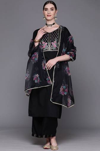floral embroidered  cotton straight kurta with palazzos & dupatta