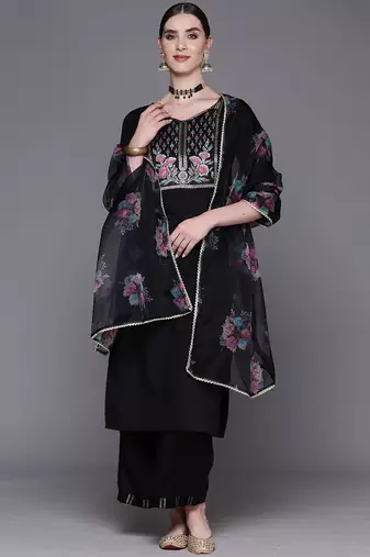 Floral Embroidered Pure Cotton Straight Kurta With Palazzos & Dupatta