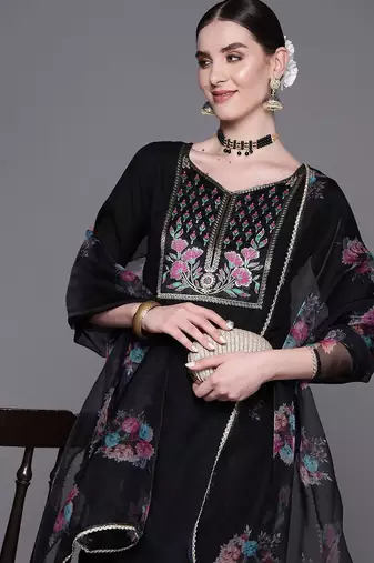 Floral Embroidered Pure Cotton Straight Kurta With Palazzos & Dupatta