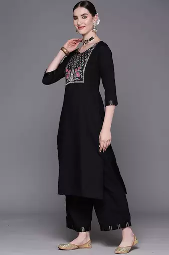 Floral Embroidered Pure Cotton Straight Kurta With Palazzos & Dupatta