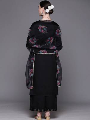 Floral Embroidered Pure Cotton Straight Kurta With Palazzos & Dupatta 5