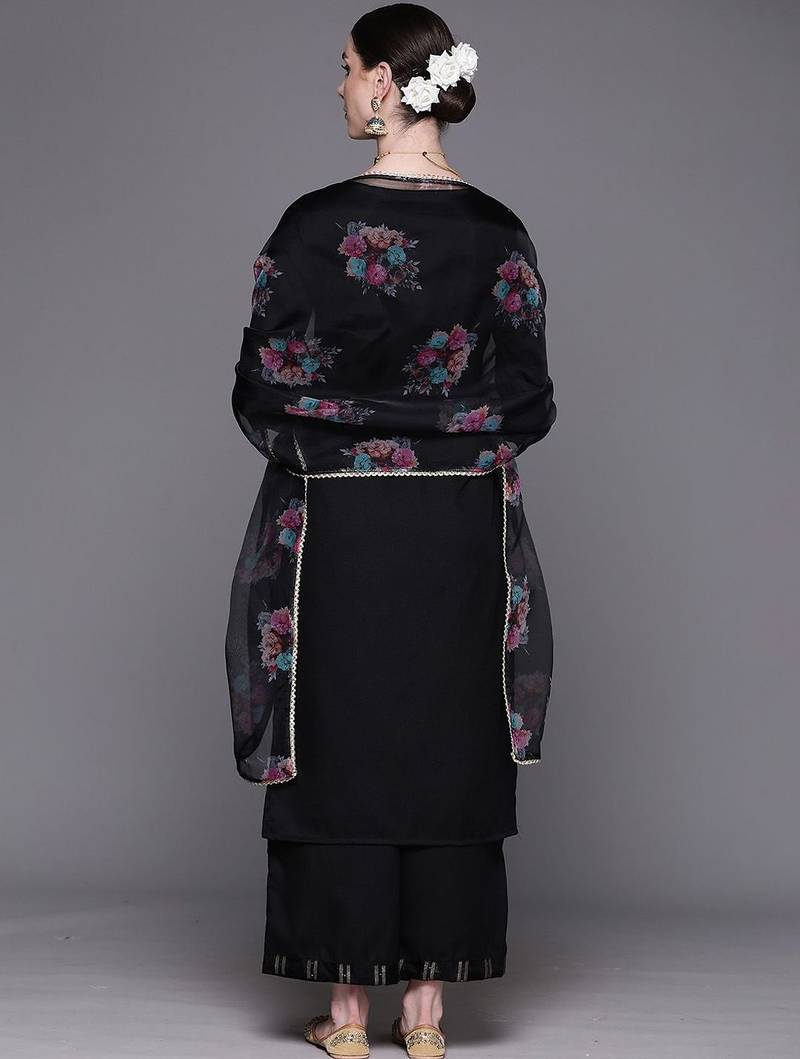 Floral Embroidered Pure Cotton Straight Kurta With Palazzos & Dupatta