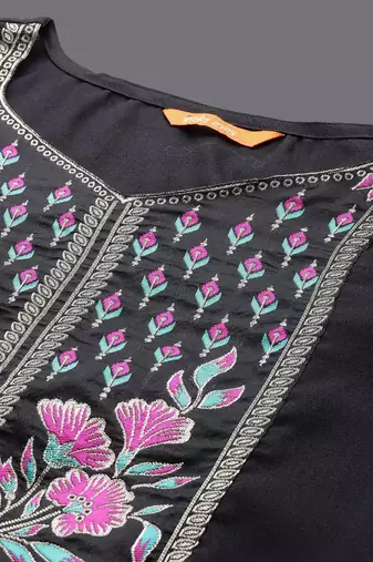Floral Embroidered Pure Cotton Straight Kurta With Palazzos & Dupatta
