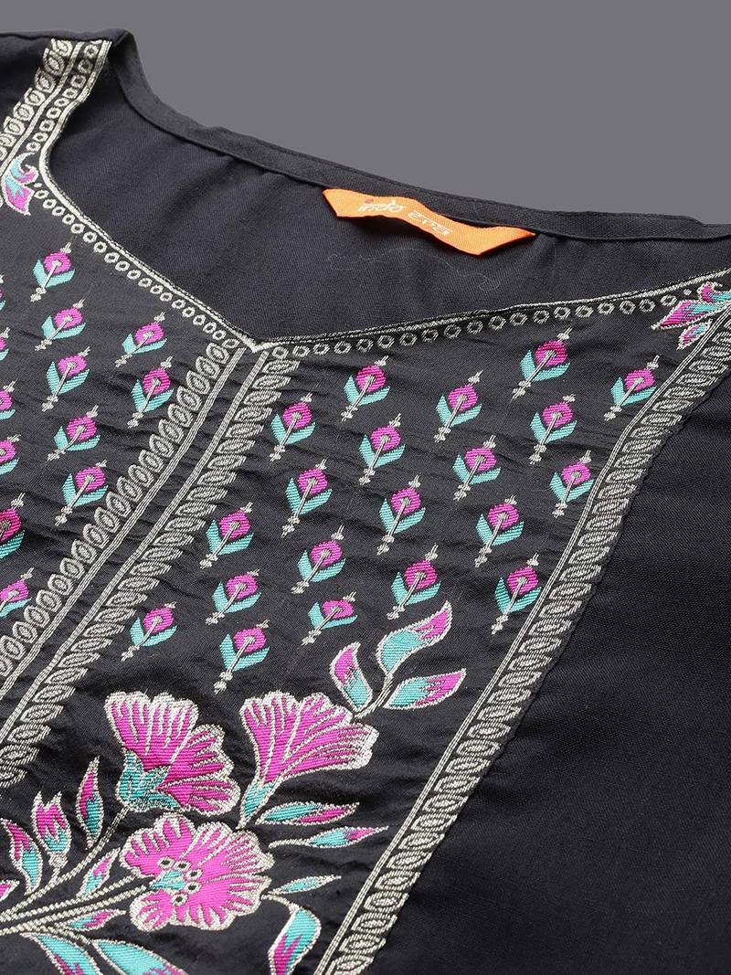 Floral Embroidered Pure Cotton Straight Kurta With Palazzos & Dupatta